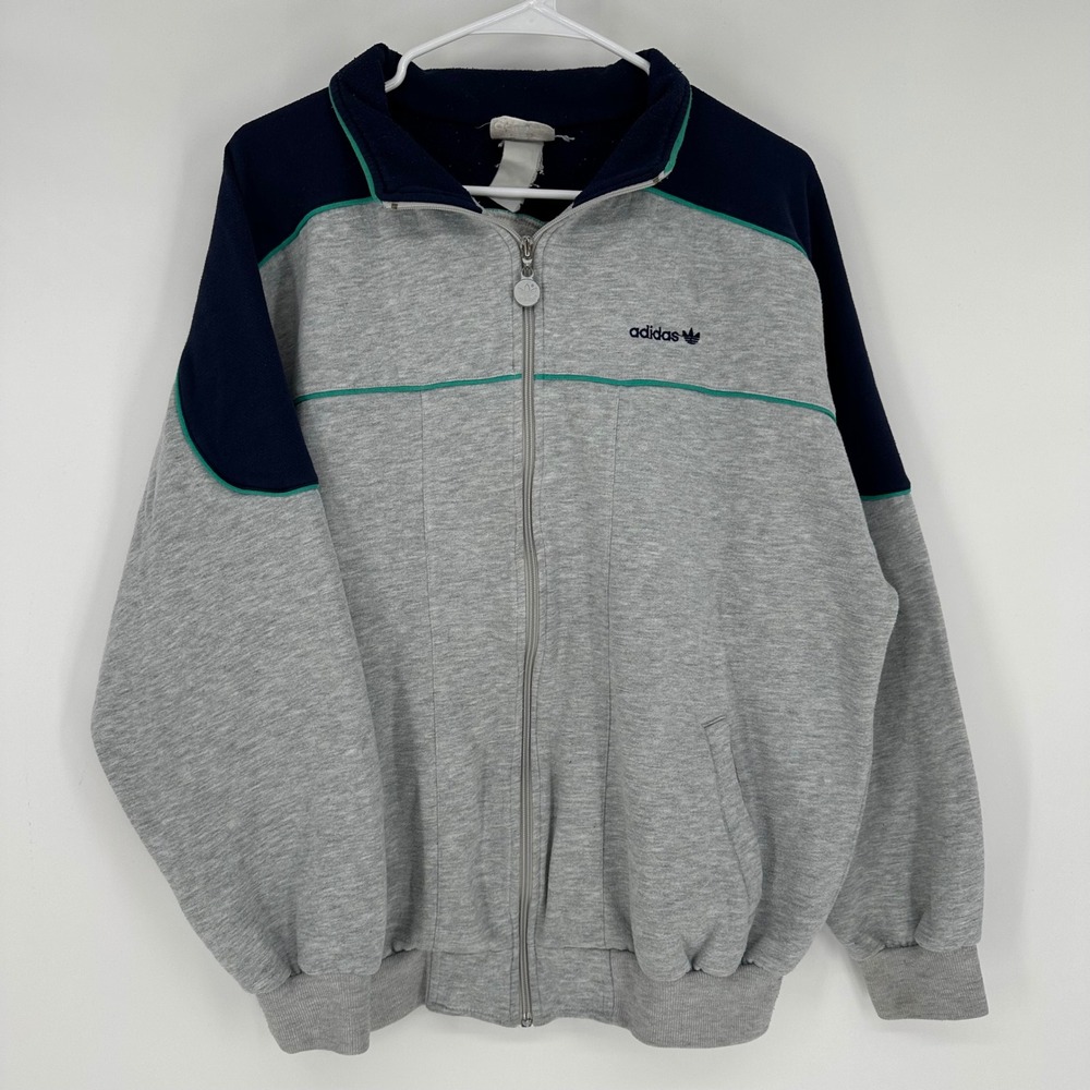 Vintage 80s 90s Adidas Track Jacket Grey Navy Blue Teal Trefoil Full Zip XL